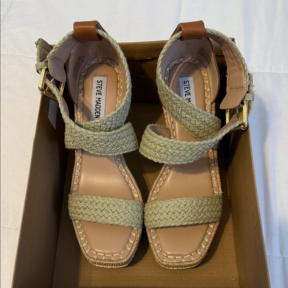 Steve Madden Woven Strap Wedges in Tan and Sage Green